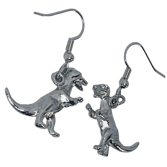 Silver metal T-Rex tiny dinosaur pendant earrings NEW - Picture 4 of 6